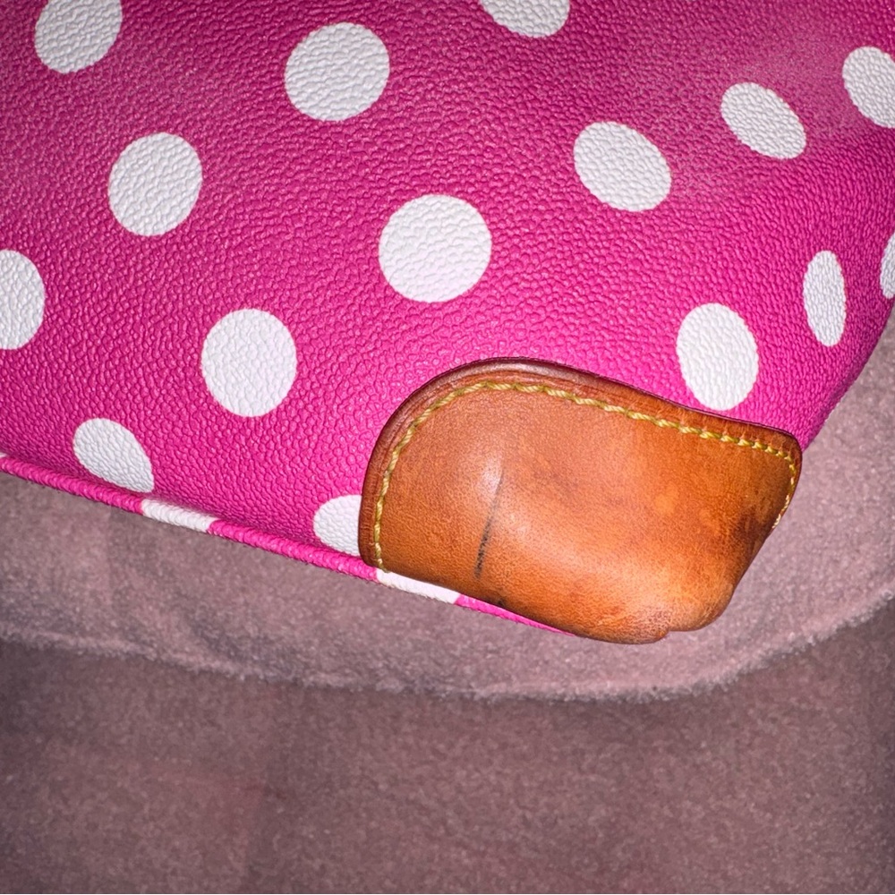 Dooney & Bourke Hot Pink and White Polka Dot Satchel with Brown Trim - Picture 5 of 11